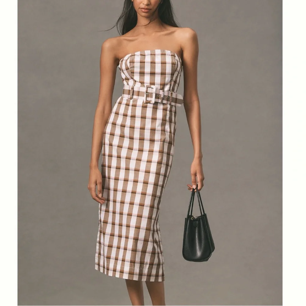 Anthropologie Maeve Belted Square Neck Plaid Midi Dress